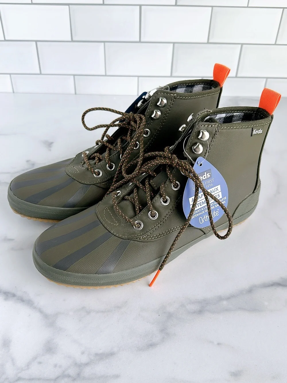 Keds Olive Green Striped High-Top Lace-Up Sneakers with Orange Pull Tabs